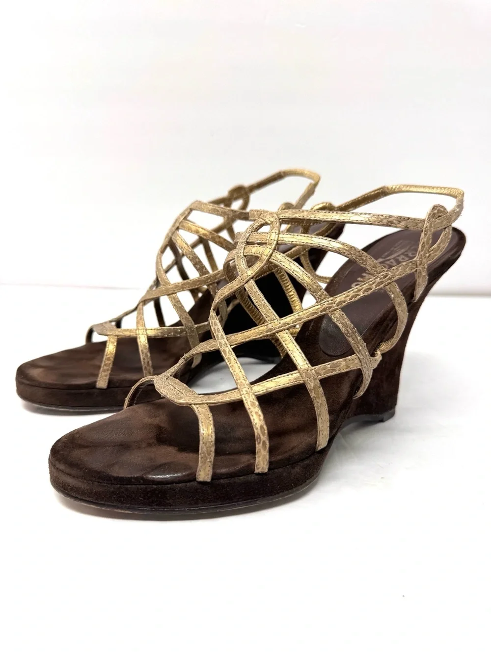 SALVATORE FERRAGAMO gold mesh leather/suede wedges, made in Italy, size 9.5